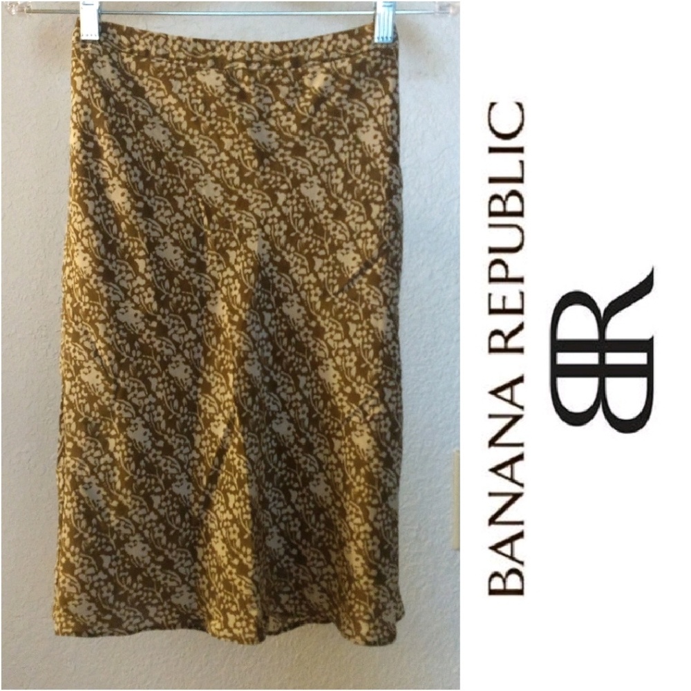 100% Silk Banana Republic Brown And Tan Midi Skirt